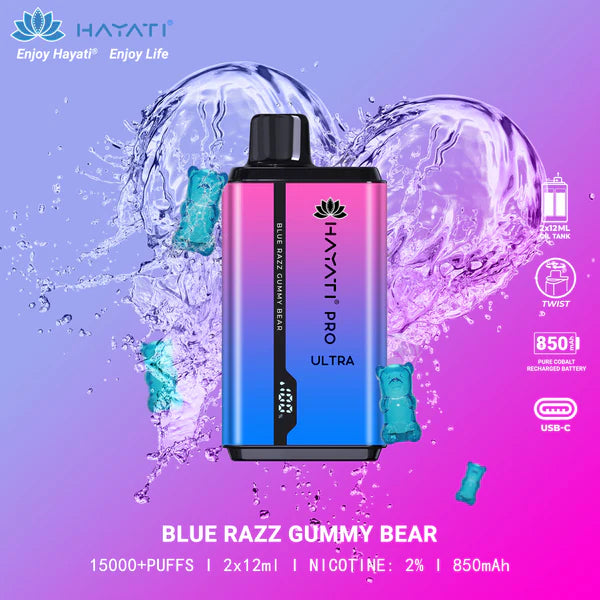 Hayati Pro Ultra duo flavours - 15k puffs Blueberry razz/Gummy Bear Switch vapes in Pakistan