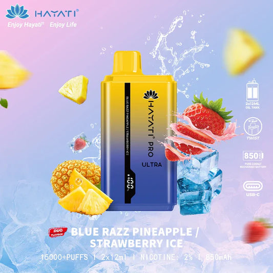 Hayati Pro Ultra duo flavours - 15k puffs Blue Razz Pineapple/Strawberry Ice Switch vapes in Pakistan