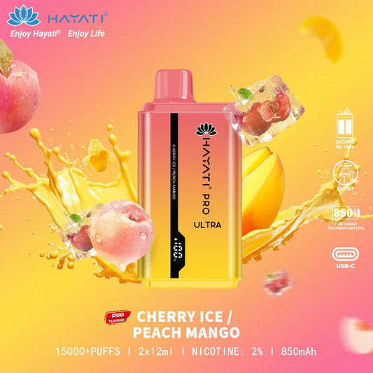 Hayati Pro Ultra duo flavours - 15k puffs Cherry ice/Peach Mango Switch vapes in Pakistan