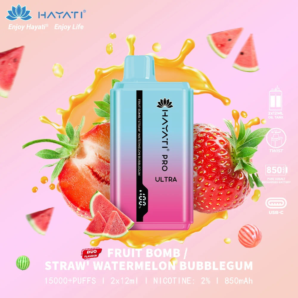 Hayati Pro Ultra β Fruit Bomb / Strawberry Watermelon Bubblegum (New Flavours) | 15000 Puffs Disposable Vape | Switch vapes in Pakistan