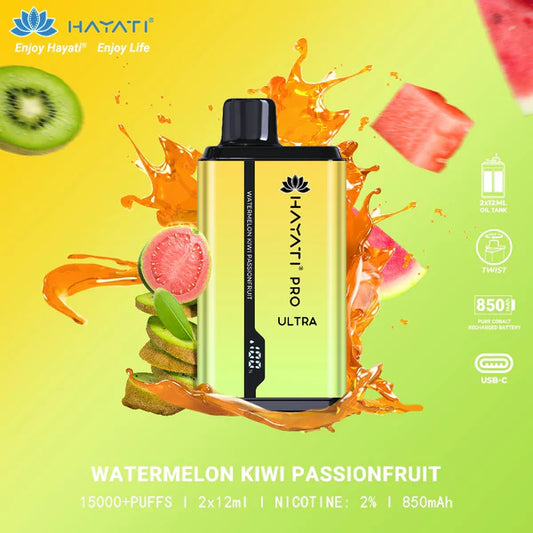 Hayati Pro Ultra duo flavours - 15k puffs Watermelon Kiwi/Passion fruit Switch vapes in Pakistan