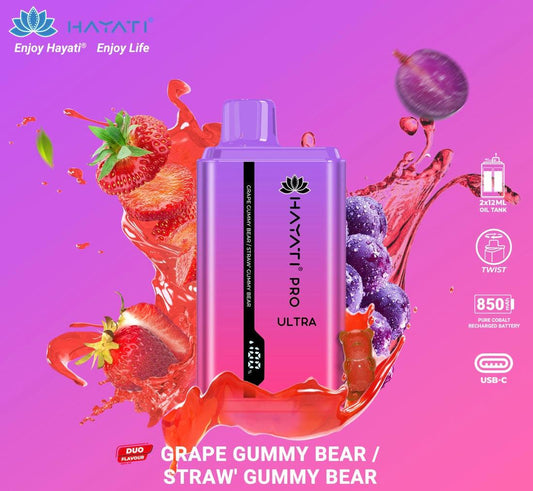 Hayati Pro Ultra duo flavours - 15k Puff-Grape Gummy Bear/Strawberry Gummy Bear Switch vapes in Pakistan