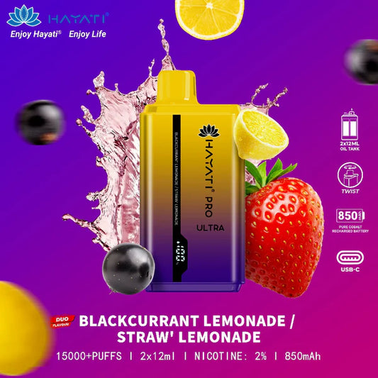 Hayati Pro Ultra duo flavours - 15k puffs Blackcurrant Lemonade/ Strawberry Lemonade Switch vapes in Pakistan