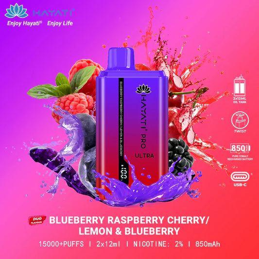 Hayati Pro Ultra duo flavours - 15k puffs Blueberry Raspberry Cherry/Lemon and Blueberry Switch vapes in Pakistan
