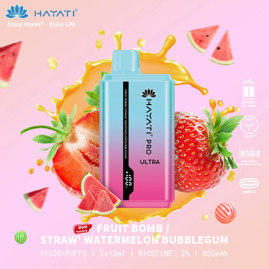 Hayati Pro Ultra – Fruit Bomb / Strawberry Watermelon Bubblegum (New Flavours) | 15000 Puffs Disposable Vape | Switch vapes in Pakistan