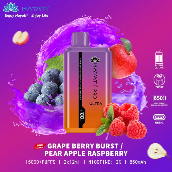 Hayati Pro Ultra duo flavours - 15k puffs Grape berry burst/pear apple raspberry Switch vapes in Pakistan