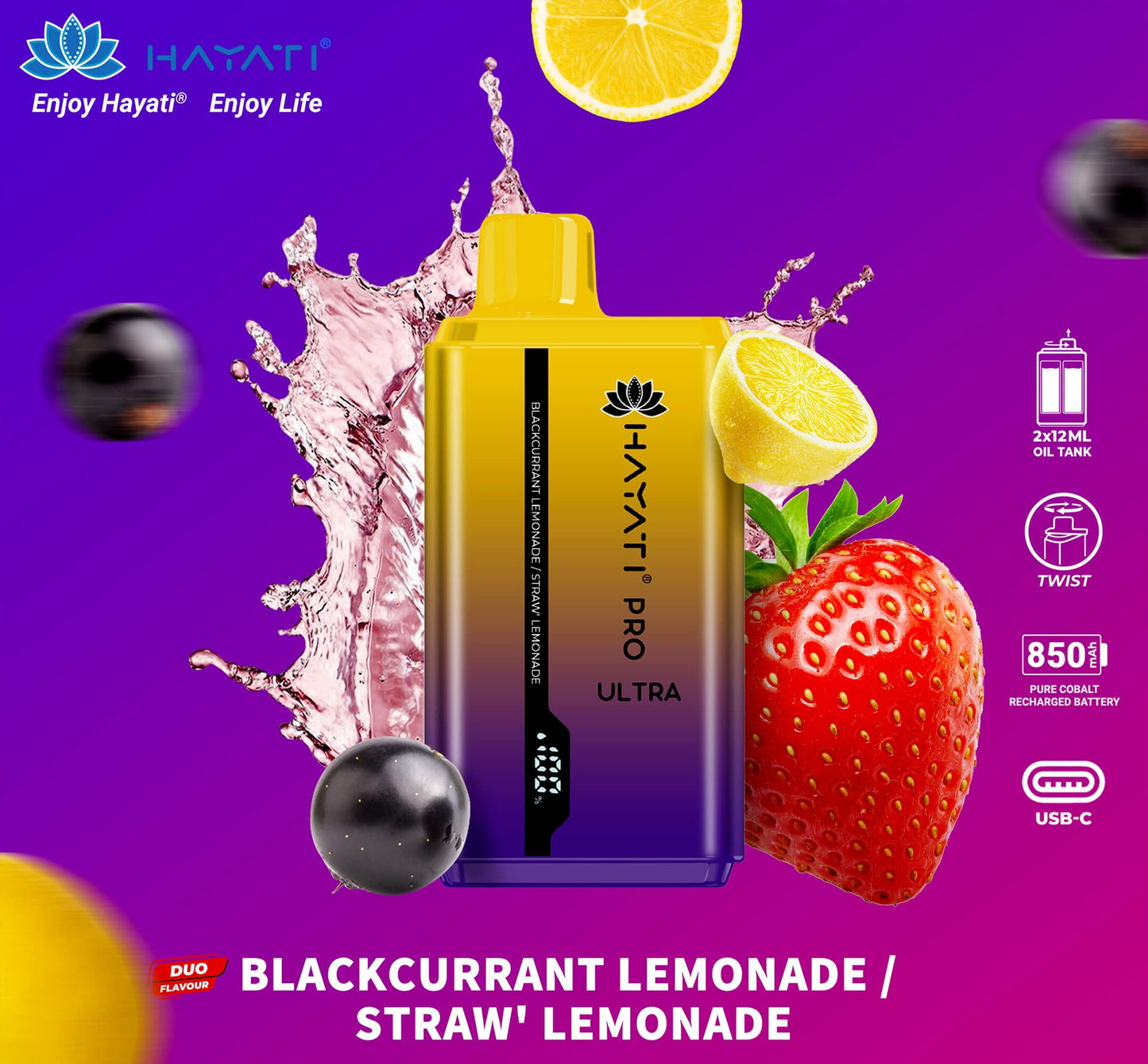 Hayati Pro Ultra duo flavours - 15k Puff-Blackcurrant Lemonade/Strawberry Lemonade Switch vapes in Pakistan