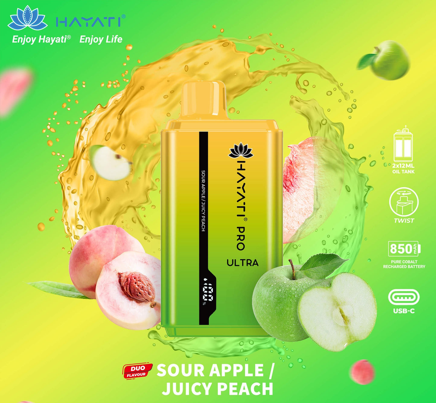 Hayati Pro Ultra duo flavours - 15k Puff-Sour Apple/Juicy Peach Switch vapes in Pakistan