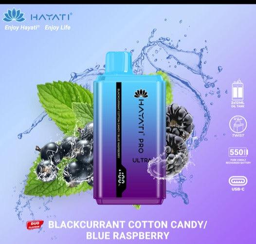 Hayati Pro Ultra duo flavours - 15k Puff-Blackcurrant Cotton Candy/ Blue Raspberry Switch vapes in Pakistan