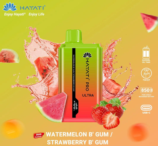 Hayati Pro Ultra duo flavours - 15k Puff-Watermelon Bubblegum/Strawberry Bubblegum Switch vapes in Pakistan